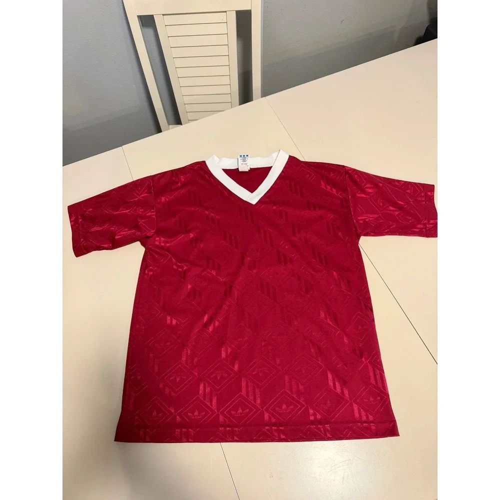 Vintage Adidas Ibrox Soccer Jersey Red White V-Neck Trefoil Made in USA Large 18